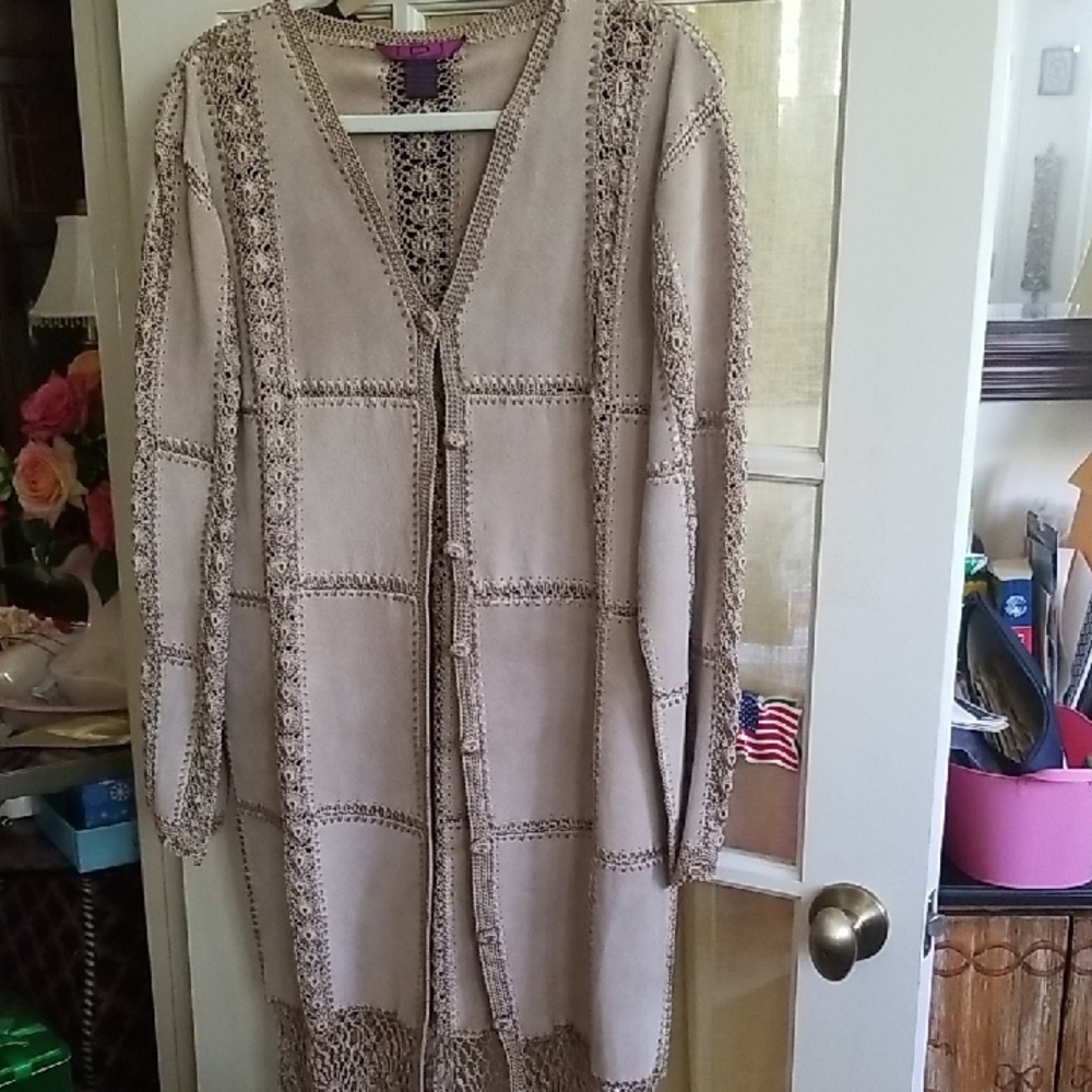 Leather Beige Crochet-Trimmed Women's Coat